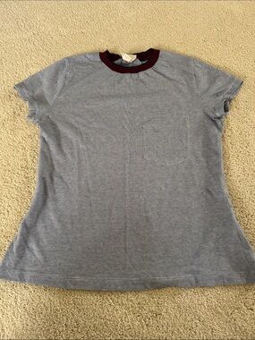 Band of outsiders Navy Micro-Stripe Short Sleeve Tee with Burgundy Ribbed Neck